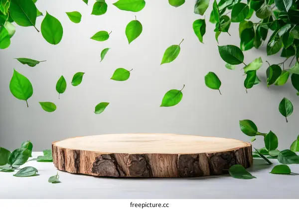 Wooden Slice Display with Falling Green Leaves