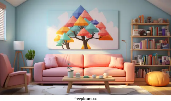 A cozy living room with a pink sofa, a coffee table, a bookshelf, and a painting of a forest