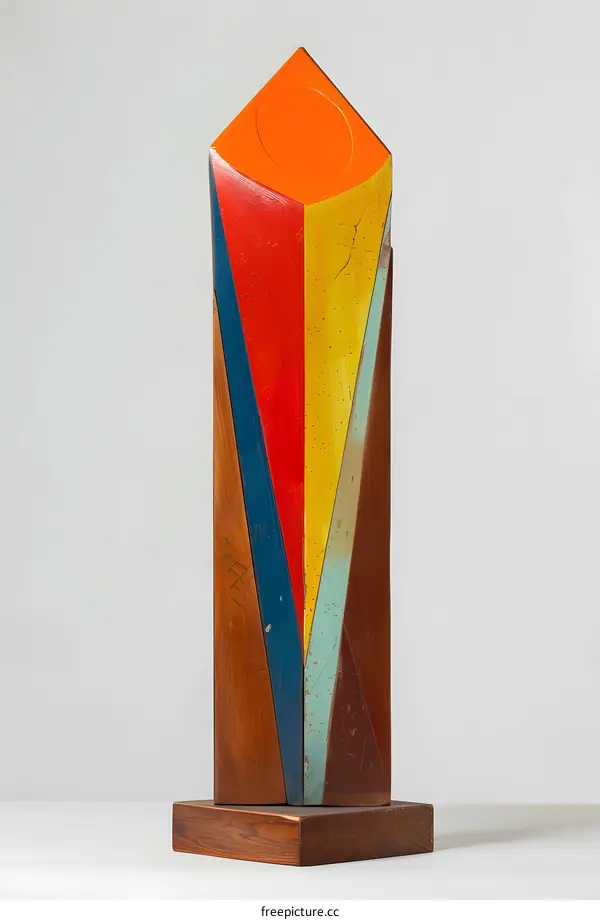 Abstract Wooden Sculpture with Geometric Shapes and Vibrant Colors