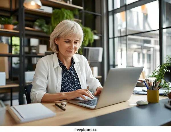 Smiling Woman Working On Laptop In Office