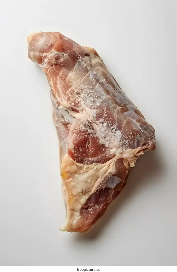 Raw chicken thigh with salt on white background