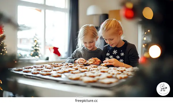 Two Caucasian Children Decorating Christmas Cookies