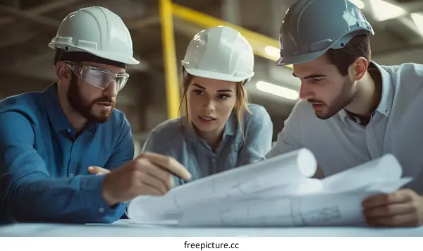 Construction Workers Review Plans in Industrial Setting