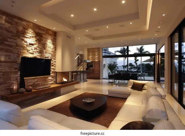 Modern Contemporary Living Room Interior with Fireplace