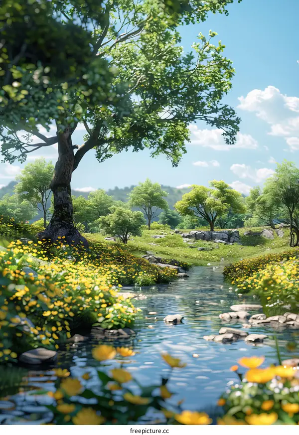 Tranquil River Flowing Through Lush Green Field