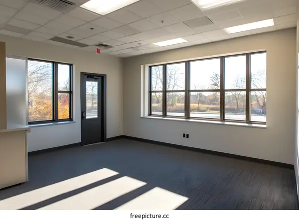 Empty Office Room with Large Windows and Sunbeams