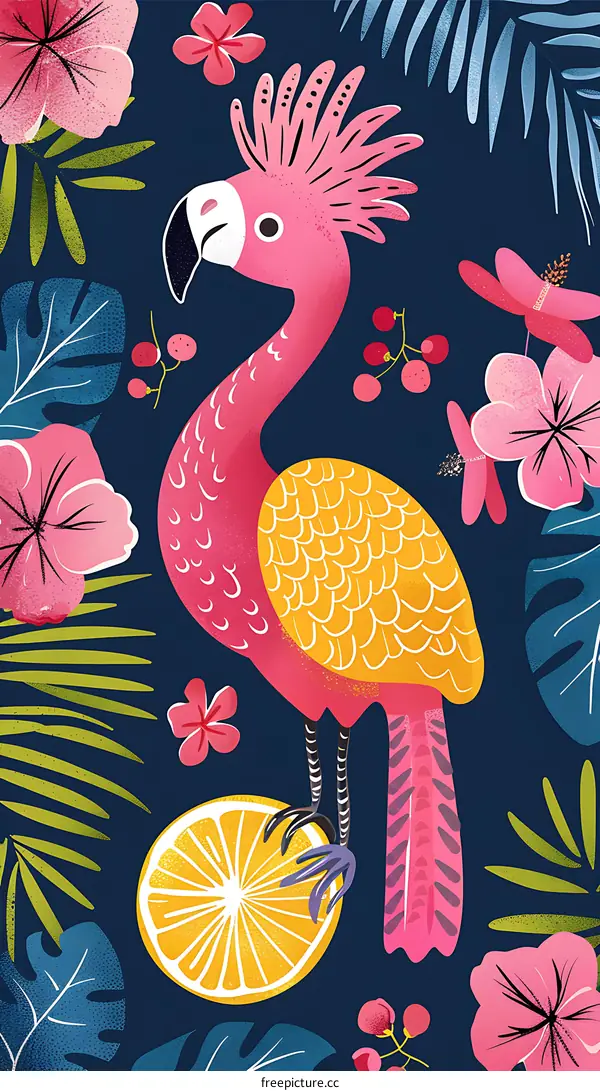 Pink Tropical Bird Illustration With Flowers And Palm Leaves