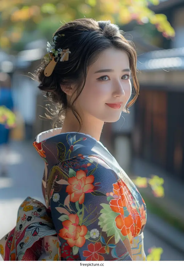 Portrait of a beautiful Japanese woman in traditional kimono