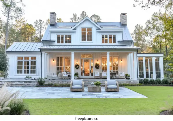 Beautiful White Farmhouse Exterior with Porch