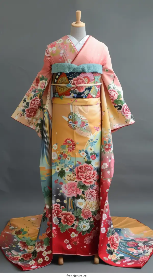 A kimono with a pattern of flowers and birds