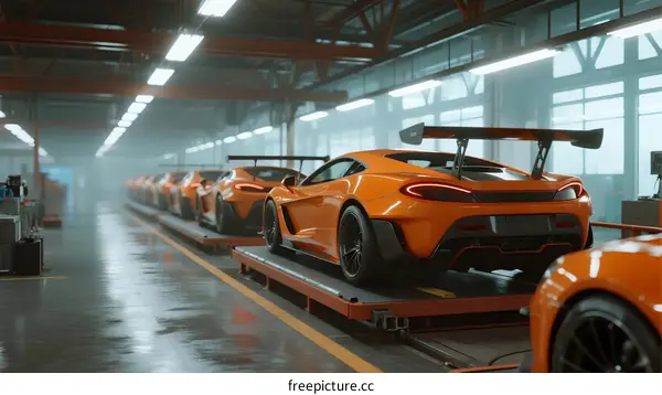 Orange sports cars on production line in modern factory