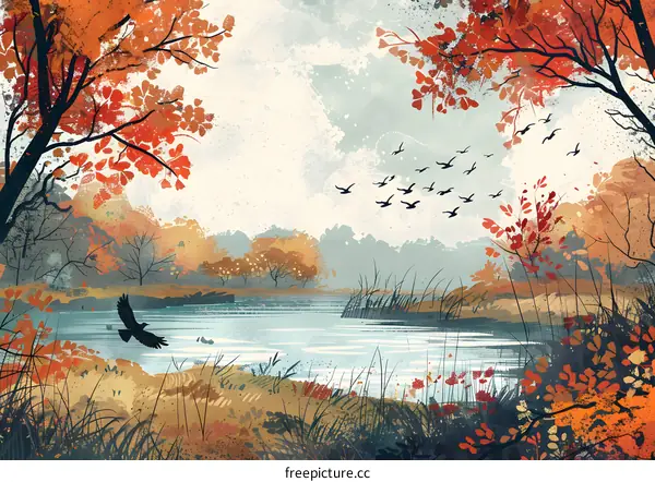Autumn Landscape Painting with Birds and Lake