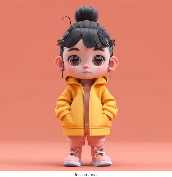 3D illustration of a cute Asian girl wearing a yellow hoodie
