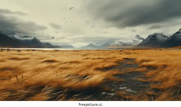 Golden Grass Field with Mountain Range in the Distance