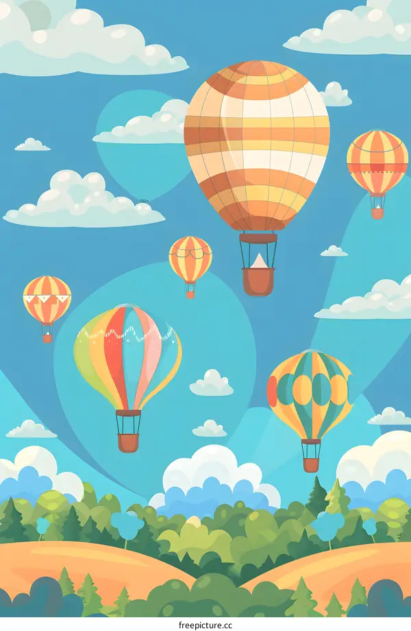 Colorful Hot Air Balloons Flying in the Sky Cartoon Illustration