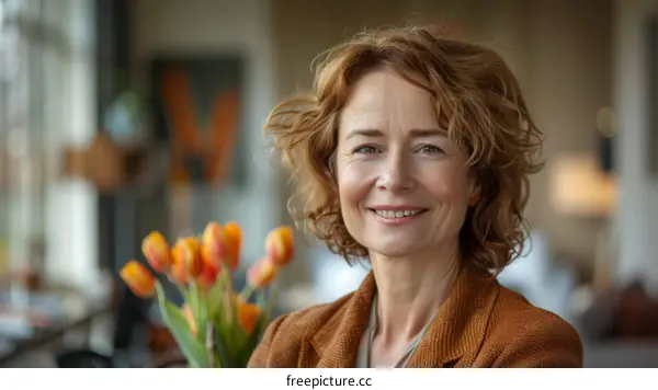 Portrait of a smiling redheaded woman in a brown jacket
