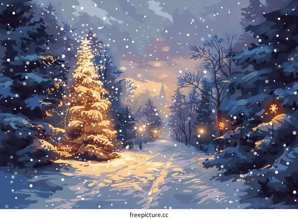 Snowy Winter Forest Path at Night with Snow Falling and Lights