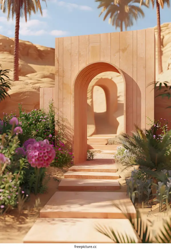 Desert Archway with Palm Trees and Flowers