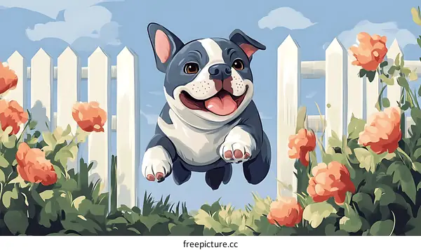 Happy Boston Terrier Dog Jumping Over a White Fence