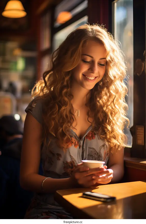 Close-up photo of a smiling woman sitting by the window holding a cup of coffee