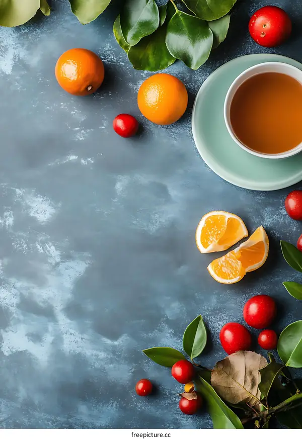 Flat Lay Photography of Orange Slices and Tea on Blue Background
