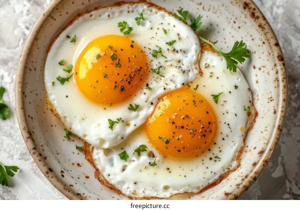 Fried eggs with parsley in a bowl
