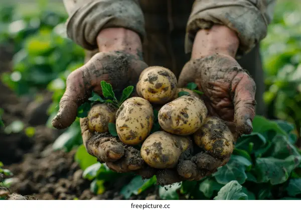 A farmer holding a handful of freshly harvested potatoes