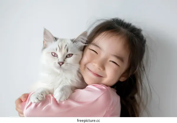 A cute Asian girl hugging a white cat