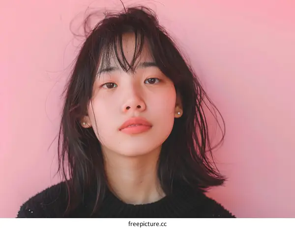 Portrait of a Young Asian Woman with Pink Background