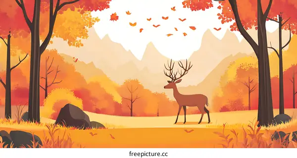 Autumn Forest Landscape with Deer and Flying Leaves