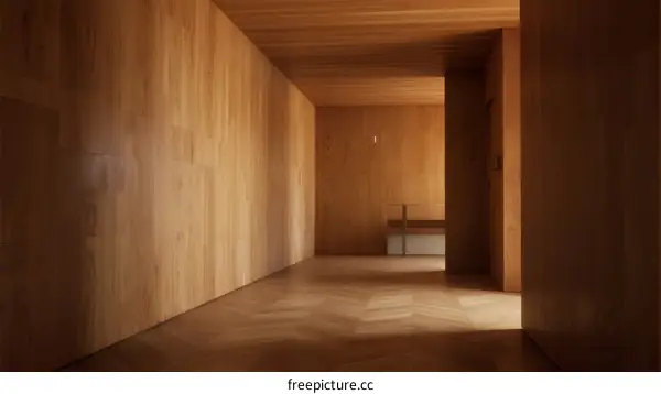 Long corridor with wooden walls and herringbone floor
