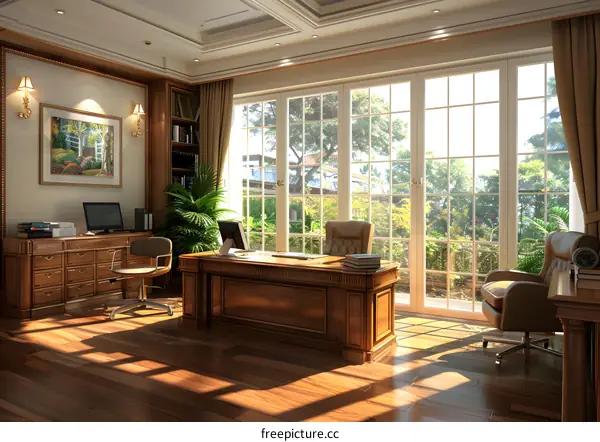 Luxury home office with large windows and wooden furniture