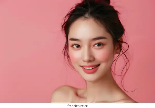 Portrait of a Beautiful Young Asian Woman with Pink Makeup and a Pink Background
