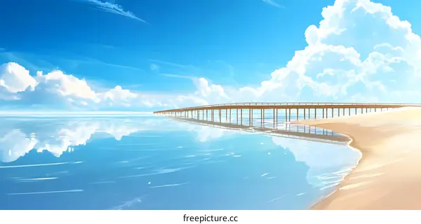 Summer Day Beach with Wooden Pier and Blue Sky