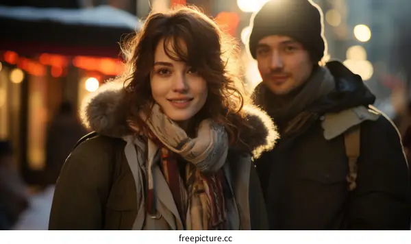 A young couple is walking down a snowy street and they are both smiling at the camera