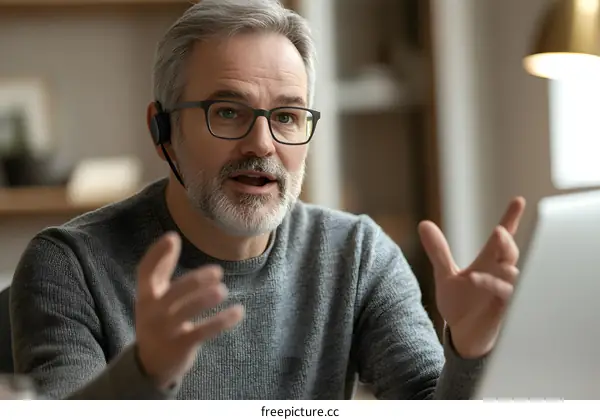 Caucasian Man Wearing Glasses and Headset Talking to Someone While Looking at the Camera