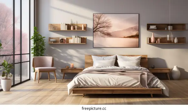 A bedroom with a large bed, a pink chair, and a painting of a lake on the wall