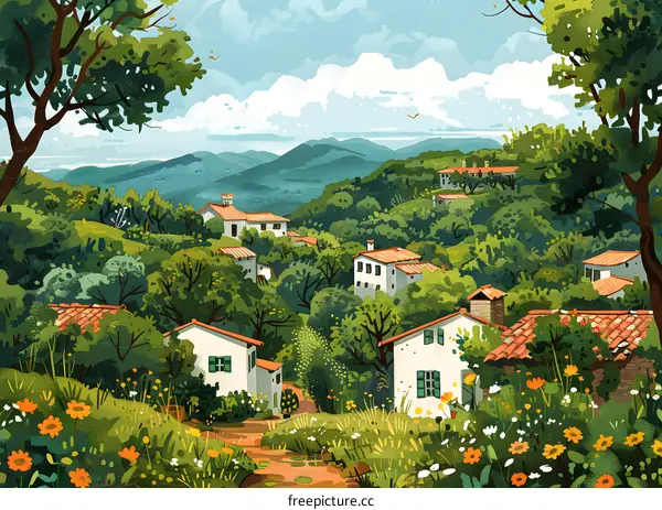 Small village with trees and flowers