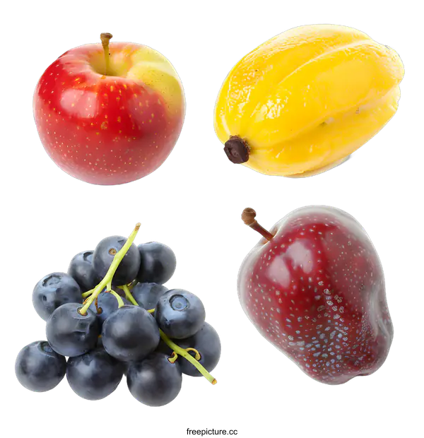 [Transparent Background PNG]Fresh Fruits Arrangement with Red Apple, Yellow Starfruit, Blueberries, and Plum