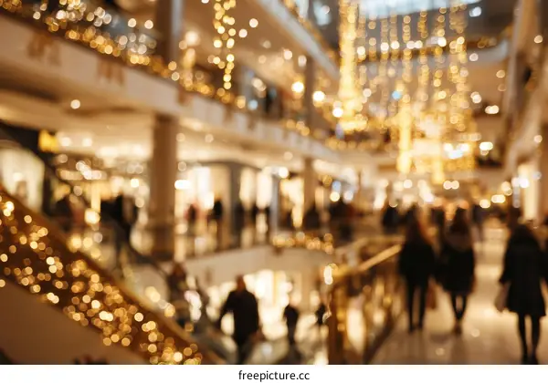 Blurred view of a bustling shopping mall at Christmas