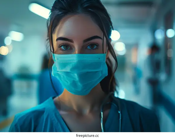 Portrait of a Confident Female Doctor or Nurse Wearing a Mask
