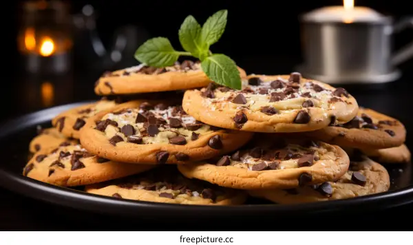 A plate full of chocolate chip cookies