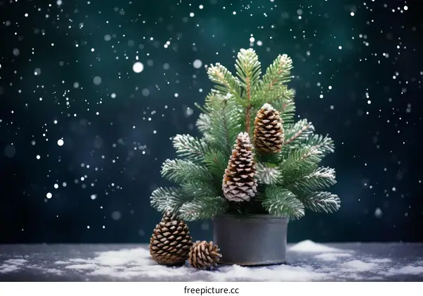 Miniature Christmas tree with cones on a snowy table