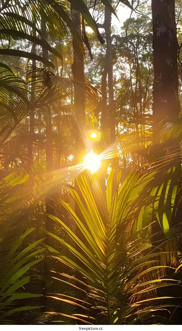 Sun shining through palm trees in tropical forest