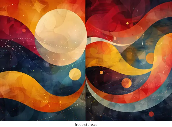 Dynamic and Vibrant Abstract Painting with Geometric Shapes and a Moon