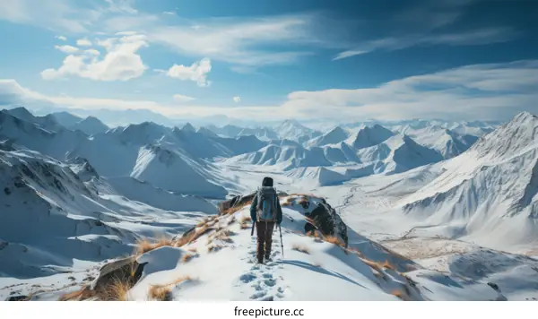 A lone hiker traverses a snowy mountain landscape