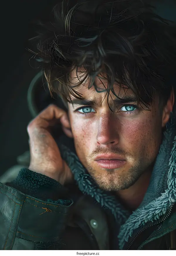 Portrait of a handsome young man with blue eyes and dark hair