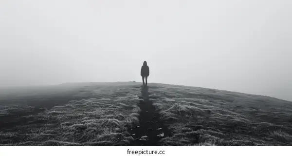 alone person walking in a foggy field
