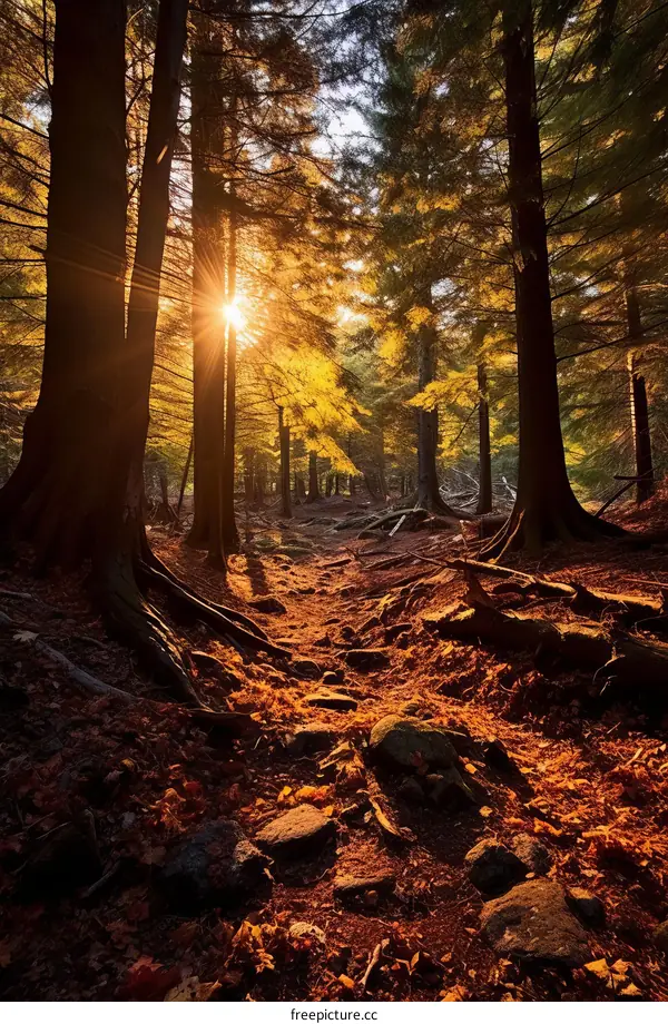 Golden Sunlight Through Autumn Forest