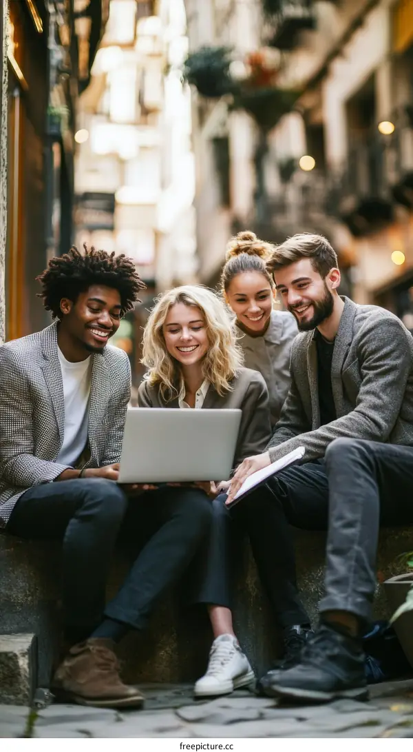 Diverse Group Collaboration Outdoors with Laptop